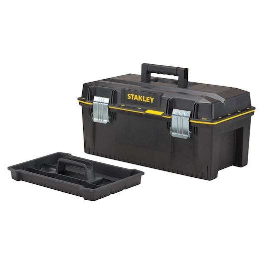 Stanley FATMAX black toolbox with yellow accents, metal latches, handle, and removable tray, front angle.