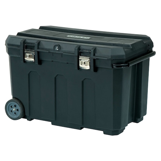 STANLEY 37025 large black wheeled toolbox with metal latches, front angle, photography on white background.