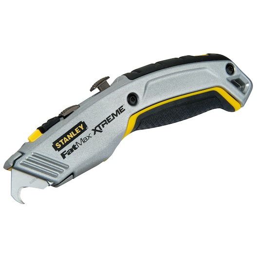 STANLEY 10-789 utility knife with silver body, black and yellow accents, side view on white background.