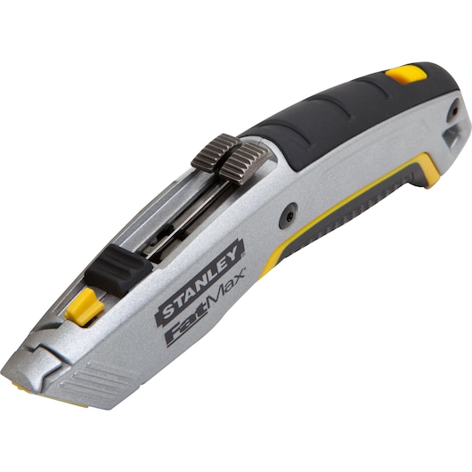 Photo of STANLEY 10-789 utility knife with silver, black, and yellow design, angled view on white background.