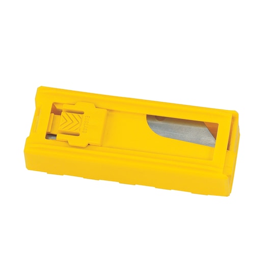 STANLEY 11-921 yellow utility blade dispenser, plastic case with visible metal blades, top angle.