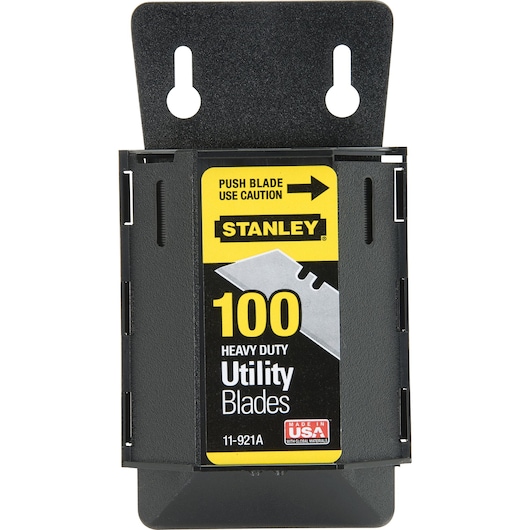 STANLEY 11-921 heavy duty utility blades pack, front view, black case with yellow label, contains 100 blades.