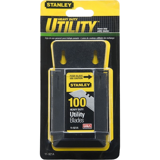 STANLEY 11-921 heavy duty utility blades pack, 100-count, front angle, black and yellow packaging.