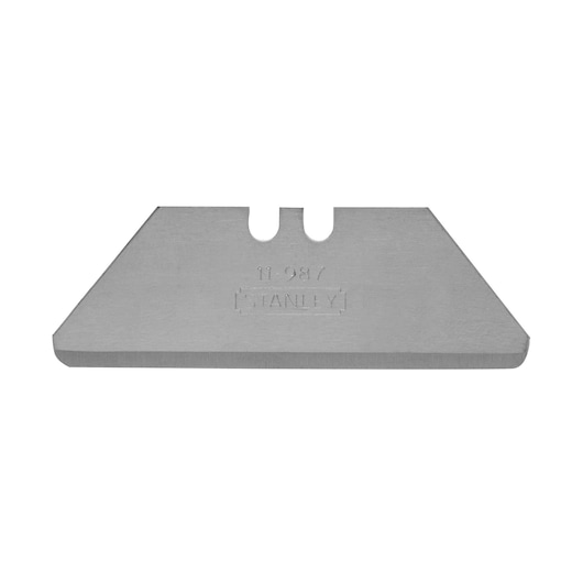 Stanley utility knife replacement blade, straight-on angle, silver metal with notched top, white background