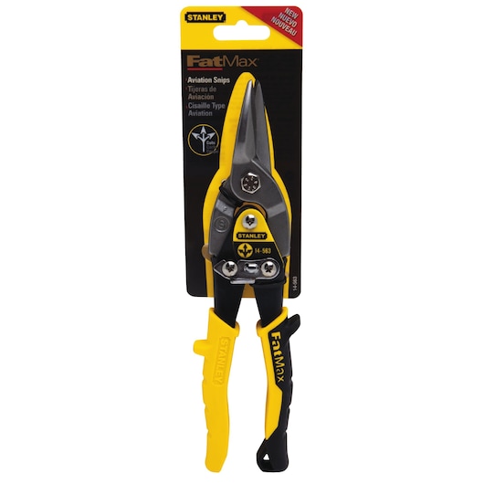 STANLEY 14-563 aviation snips with yellow and black handles in retail packaging, front view.
