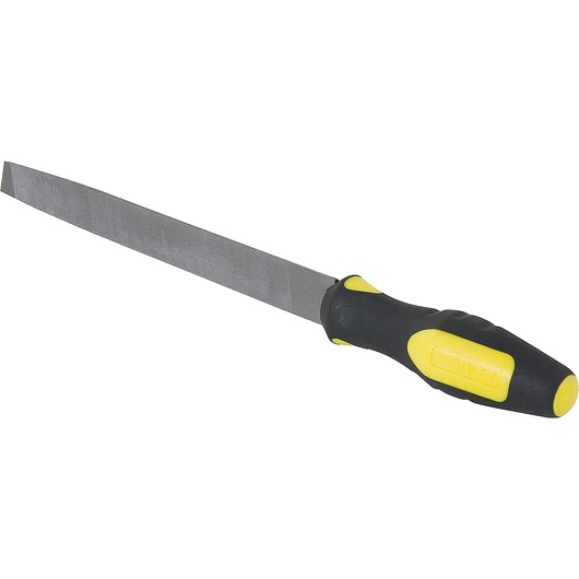 STANLEY 21-106 flat file with black and yellow ergonomic handle, side angle on white background.