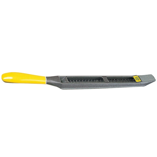 Photo of STANLEY 21-295 hand rasp with yellow handle, black metal body, and side angle on white background.