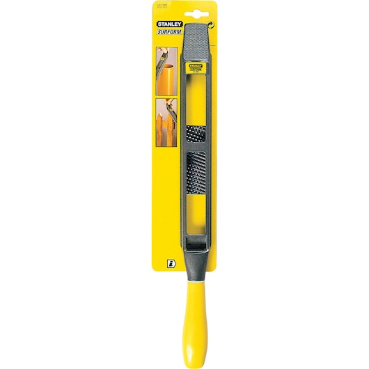 STANLEY 21-295 hand rasp with yellow handle, shown in packaging, front angle photography.