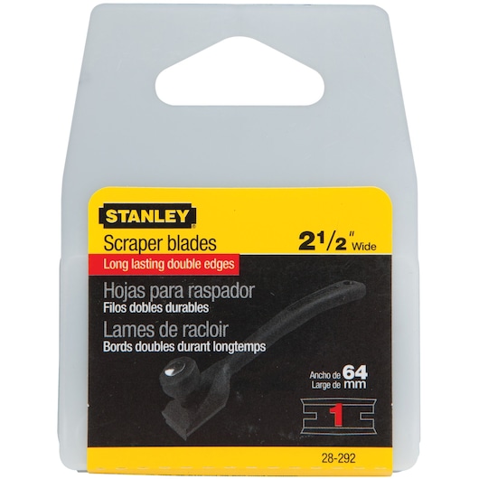 Photo of STANLEY 28-292 scraper blades in retail packaging, yellow and black label, 2-1/2 inch wide, double edge.