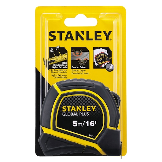 Stanley 30-615 tape measure, black and yellow, 5m/16ft, front angle photo on retail packaging.