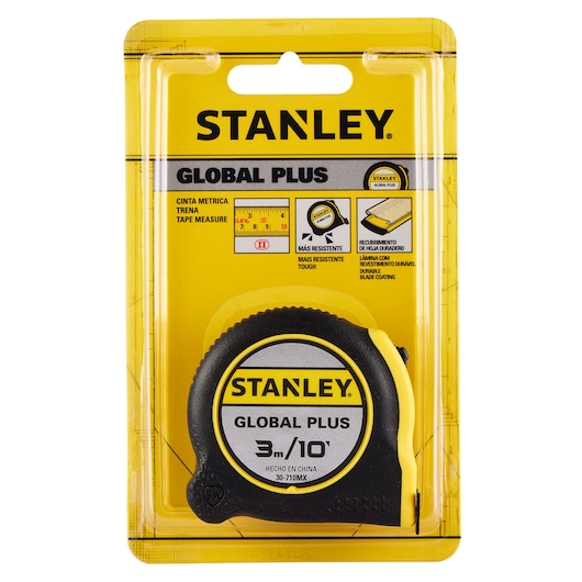 STANLEY 30-710MX tape measure, black and yellow, GLOBAL PLUS model, 3 meters, in sealed front packaging.