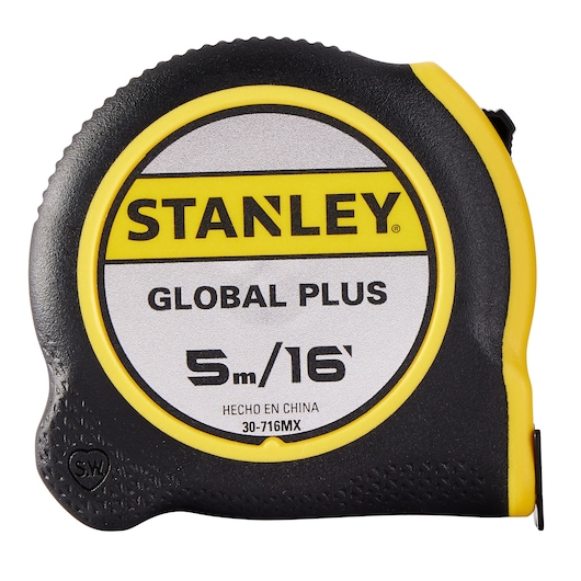 STANLEY 30-716MX tape measure, black and yellow, 5m/16ft, front view on white background.