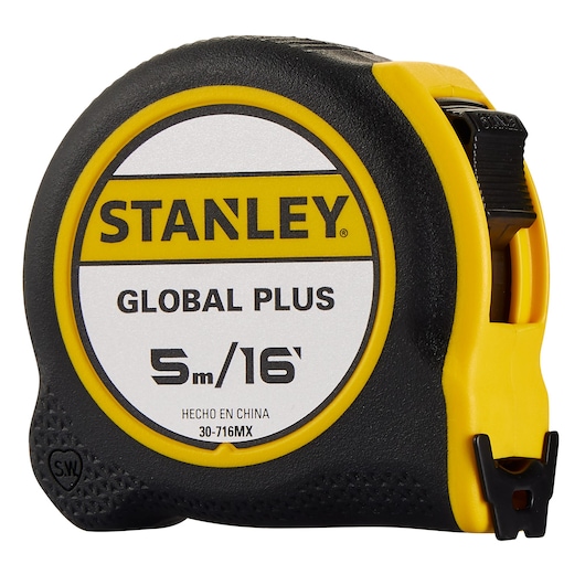 STANLEY 30-716MX tape measure, 5m/16ft, black and yellow casing, product photography, front angle.