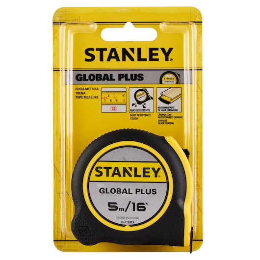 STANLEY 30-716MX tape measure, Global Plus model, 5m/16ft, black and yellow, in retail packaging, front view.