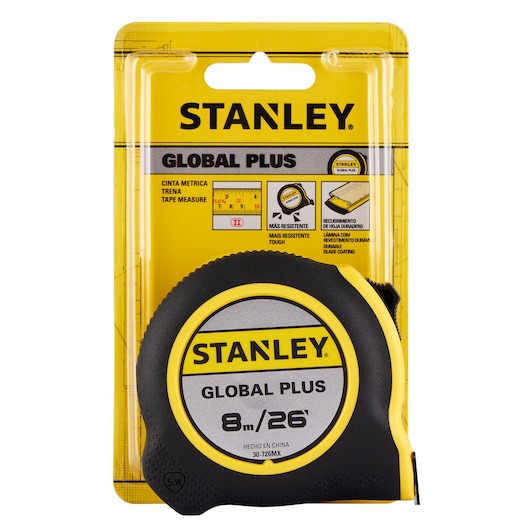 STANLEY 30-726MX tape measure, 8m/26ft, black and yellow casing, front packaging, clear product label.