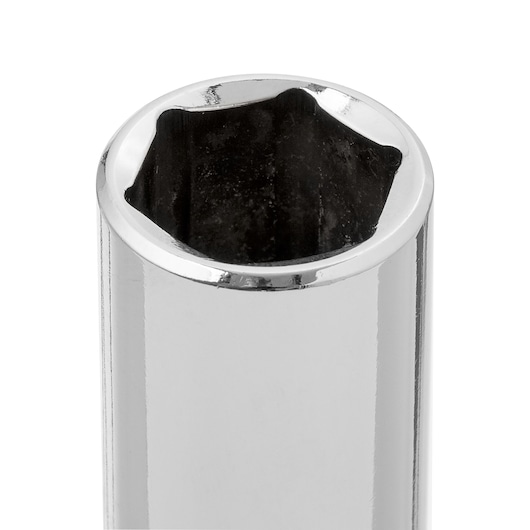 STANLEY 4-86-326 chrome socket tool close-up, photography of hexagonal opening on white background.
