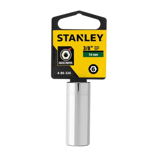 Stanley 4-86-326 14mm socket, chrome finish, front angle on white background, product category Photography.