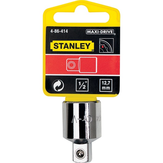 Photo of STANLEY 4-86-414 Maxi-Drive adapter, chrome finish, 1/2 inch (12.7 mm), packaging front view.