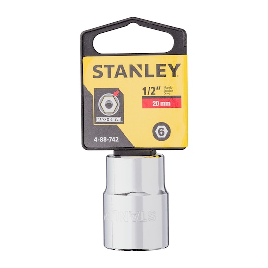 STANLEY 4-88-742 chrome 20mm socket, 1/2 inch drive, front angle on white background.