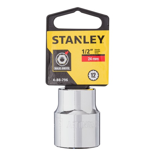 STANLEY 4-88-796 chrome 24 mm socket, 1/2 inch drive, shown front on white background.