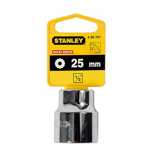 STANLEY 4-88-797 25mm chrome socket with yellow MAXI-DRIVE branded packaging, front angle on white background.