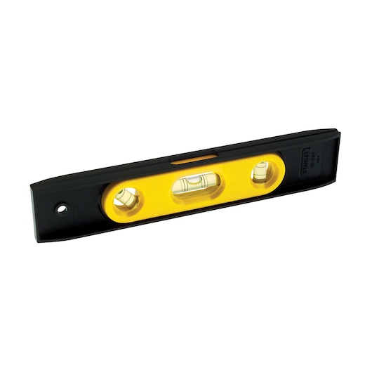 STANLEY 42-264 spirit level, photography, yellow and black, side angle on white background.