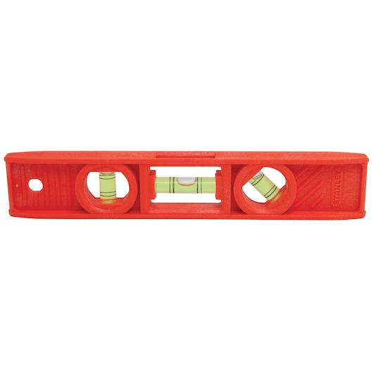 Stanley orange plastic torpedo level with three vials, front angle on white background