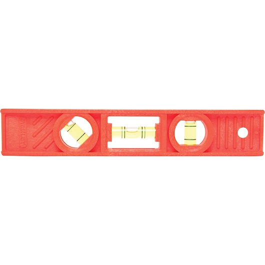 STANLEY 42-294 red plastic torpedo level with three vials, top view, white background.