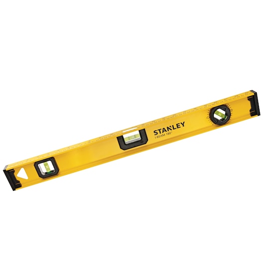 Photo of STANLEY 42-324 box level, yellow body with three bubble vials, top view on white background.