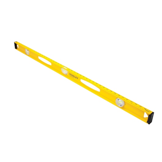 STANLEY 42-324 yellow box level with ruler markings, three vials, side angle, white background.