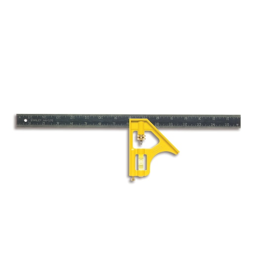 STANLEY 46-131 combination square with yellow handle and metal ruler, front angle photo.