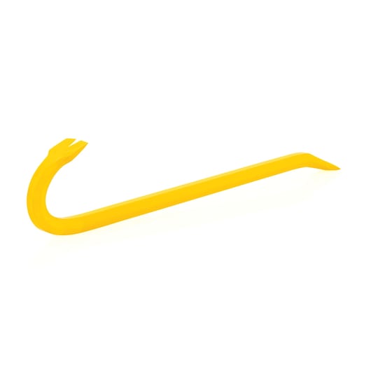 Stanley 55-118 yellow steel pry bar, photography, side angle on white background.