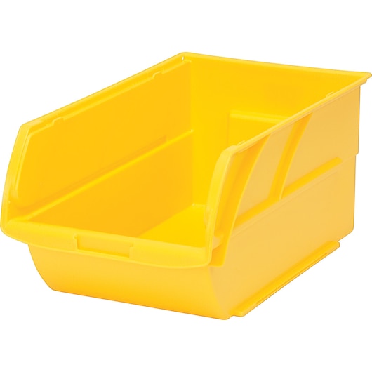 STANLEY 56-400 yellow plastic storage bin, photography, angled view on white background.