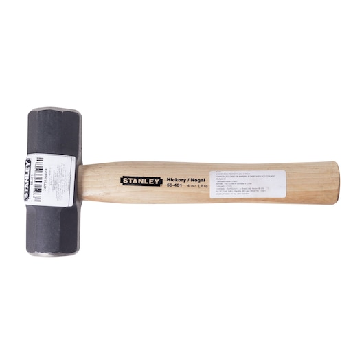 STANLEY 56-401 sledgehammer with black steel head and light wood hickory handle, side angle on white background.