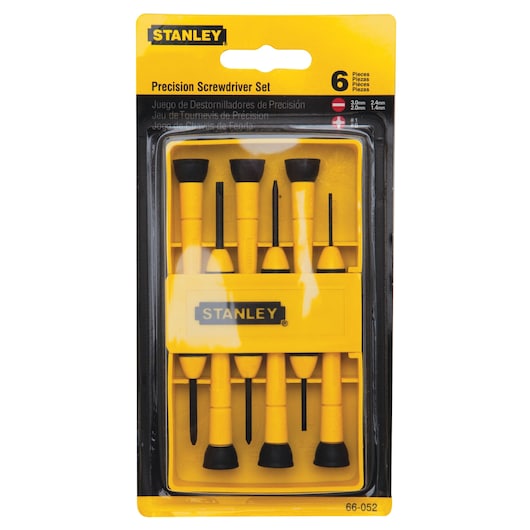 STANLEY 66-052 precision screwdriver set in yellow and black packaging, six pieces visible, front angle.