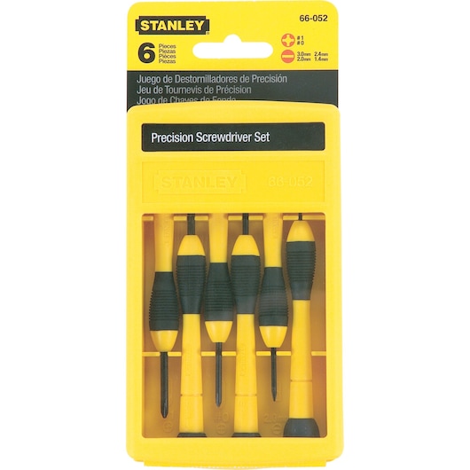 STANLEY 66-052 precision screwdriver set, 6-piece, black and yellow handles, front view in plastic case.