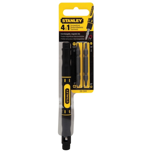 STANLEY 66-344 4-in-1 screwdriver in black and yellow packaging, with interchangeable magnetic bits, front view.