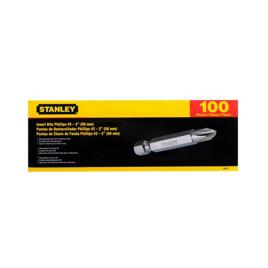 STANLEY 68-076 box of 100 Phillips #2 insert bits, 2 inch, black and yellow packaging, front angle.