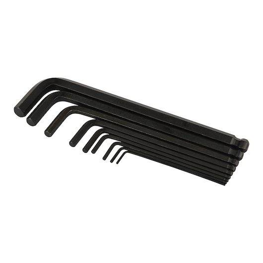 STANLEY 69-256-KR hex key set, black finish, nine L-shaped wrenches in various sizes, top angle view.