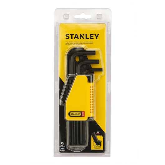 Photo of STANLEY 69-256-KR hex key set, 9 black keys in yellow holder, retail packaging, front angle.