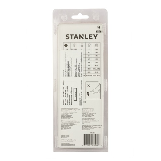 Stanley 69-256-KR hex key set packaging, back view, showing specifications chart and instructions.
