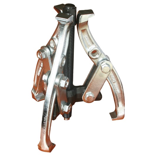 STANLEY 82-102 three-jaw gear puller, silver metal tool, front angle, white background.