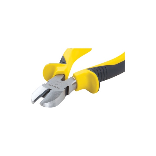 STANLEY 84-054LA diagonal cutting pliers with yellow and black handle, front angle, white background.