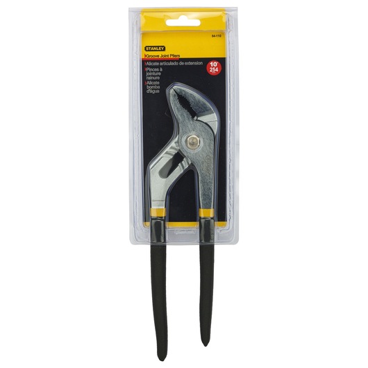 Stanley 84-110-23 groove joint pliers in retail packaging, front angle on white background.