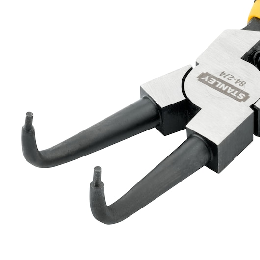 STANLEY 84-274 snap ring pliers close-up on white background, showing bent tips and metal construction.