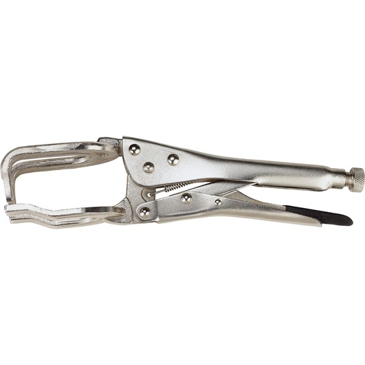 STANLEY 84-397 locking C-clamp pliers, silver finish, side angle on white background.