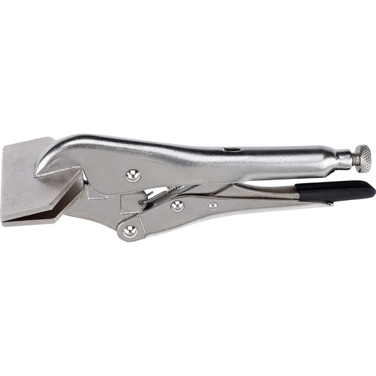 STANLEY 84-398 sheet metal locking pliers, silver finish, left side view, white background.