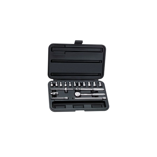 STANLEY 86-118 socket and ratchet set in open black case, front angle, chrome finish tools visible.