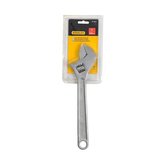Photo of STANLEY 87-434 adjustable wrench, 12 inch, silver, in retail packaging, front angle.