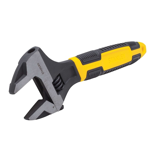 Stanley adjustable wrench with black and yellow Control-Grip handle, angled on white background